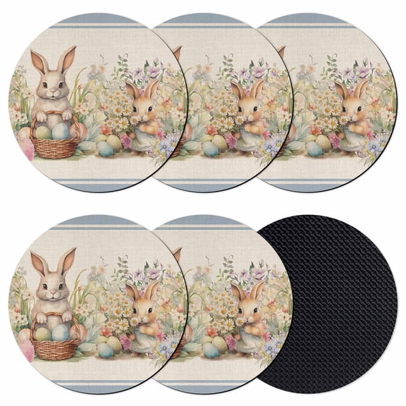 Easter Bunny Blue Coasters Set of 6, Rustic Daisy Flower Easter Basket Egg Absorbent Coasters for Drinks, Coaster for Bar Office Dining Coffee Table Accessories Decor, Non Slip Round Desk Coaster