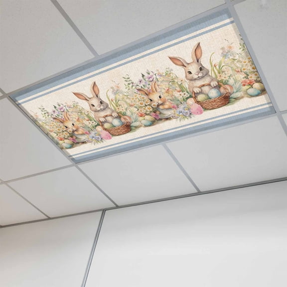 Easter Bunny Blue Fluorescent Light Covers, Rustic Daisy Flower Easter Basket Egg Magnetic Light Covers for Ceiling Lights, Fluorescent Ceiling Shade Filters for Classroom Bedroom Office 4x2Ft x 1PCS