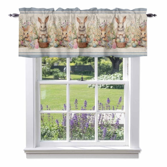 Easter Bunny Blue, Kitchen Curtain Valances for Windows Farmhouse Short Curtains, Rustic Daisy Flower Easter Basket Egg Rod Pocket Valance Curtain for Bedroom Cafe Living Room 42"x18"