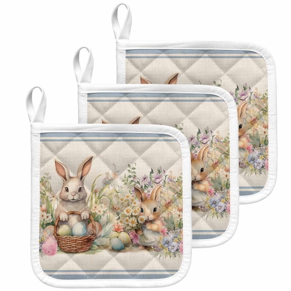 Easter Bunny Blue, Pot Holders for Kitchen Heatproof Potholder, 3 Pack Rustic Daisy Flower Easter Basket Egg Hot Pads Multipurpose Oven Pads Cloth Potholders Trivet for Cooking Baking