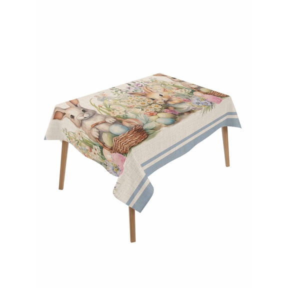 Easter Bunny Blue Table Cloth, Rustic Daisy Flower Easter Basket Egg Waterproof Tablecloth for Rectangle Tables, Reusable Washable Fabric Table Cover for Restaurant Kitchen Dining Tables 52"x70"