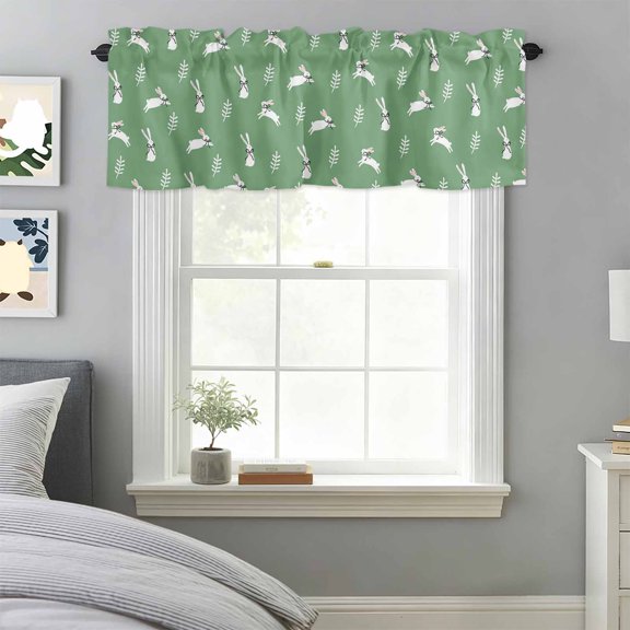 Easter Bunny with Bow Leaves on Green Valances for Windows,Kitchen Valance Rod Pocket Short Curtain, Spring Botantical Valance Curtain Window Valances for Bedroom Bathroom Living Room 42x18in