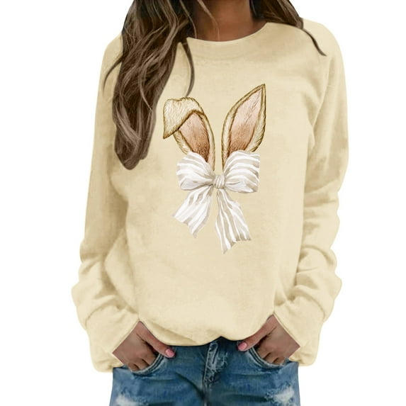 Easter Bunny Bow Print Crew Neck Sweatshirt for Women Long Sleeve Casual Pullover Top Soft Cozy Beige L