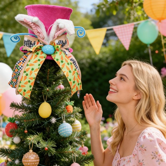 Easter Bunny Bow Tie Top Hat Tree Topper Star for Holiday Festive Atmosphere Tree Decoration Props for Spring Home Party Ornament and Seasonal Display