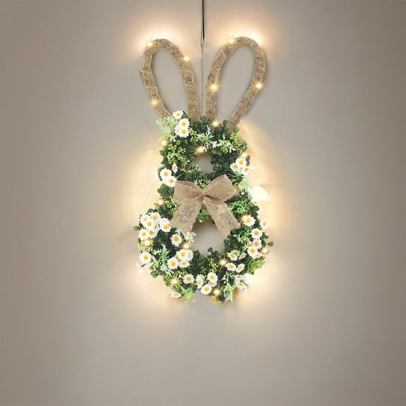Easter Bunny Bowknot Wreath with LED String Lights, Lighted Spring Garland for Front Door Wall Window Home Decor