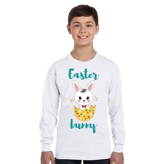 Easter Bunny Boy Long Sleeve Shirts for Kids - Youth XS S M L XL - Happy Easter Holiday Christian Tee for Boys for Girls
