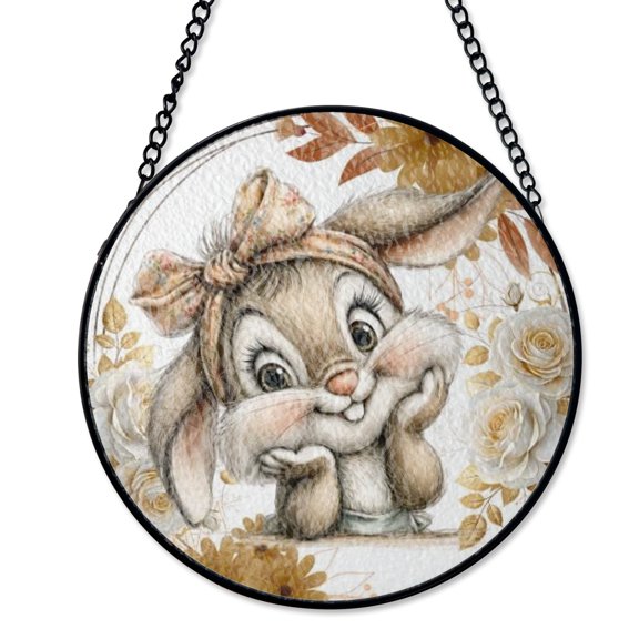 Easter Bunny Brown Cream Suncatcher Stained Glass Style UV Printed Glass Neutral Decor Round