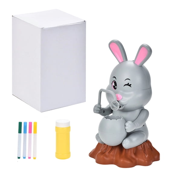 Easter Bunny Bubble Blowing Machine with Lights and Music, DIY Paintable Automatic Bubble Maker with 50ml Solution and Creative Rabbit Design for Party Decoration (Gray)
