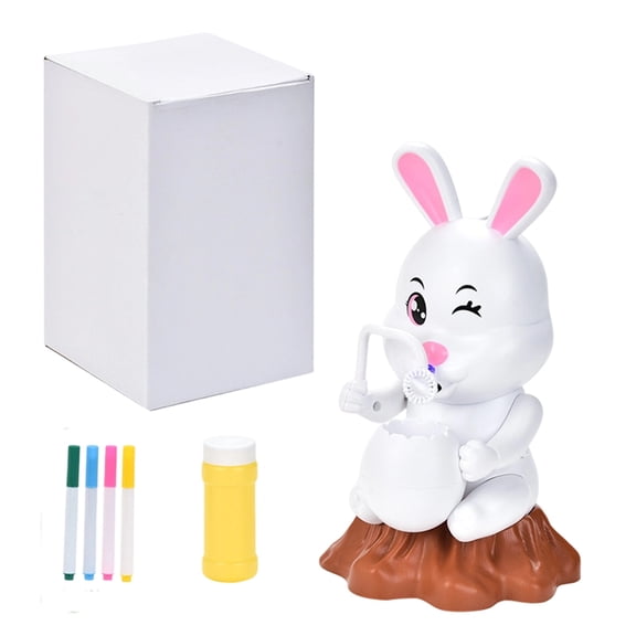 Easter Bunny Bubble Blowing Machine with Lights and Music, DIY Paintable Automatic Bubble Maker with 50ml Solution and Creative Rabbit Design for Party Decoration (White)