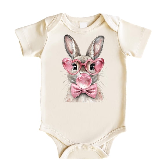 Easter Bunny Bubble Gum Bodysuit for Baby Girls Spring Holiday Cute Rabbit with Glasses Toddler One-Piece Natural Bodysuit 6 Months