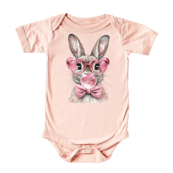 Easter Bunny Bubble Gum Bodysuit for Baby Girls Spring Holiday Cute Rabbit with Glasses Toddler One-Piece Peach Bodysuit 18 Months