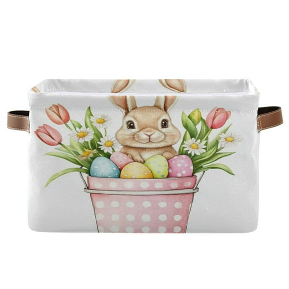 Easter Bunny and Bucket Foldable Storage Basket,Canvas Fabric Foldable Storage Bins with Handles Open Home Storage Bins Boxes for Toy Book Shelf Closet Baskets
