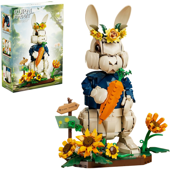 Rural Bunny Building Set, Rabbit Model with Flowers and Base, Birthday Christmas Gift for Kids Girls Women