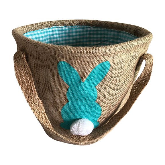Easter Bunny Burlap Basket - Gingham Lining & Handle, Egg Gift Storage Decoration