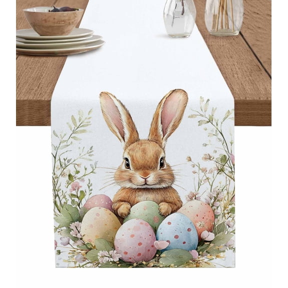 Easter Bunny Burlap Cotton Table Runner 13x36 Inches Short, Colorful Eggs Spring Botanical Art Farmhouse Table Runners, Outdoor Dining Tablecloths Decor for Baby Shower/Party/Wedding