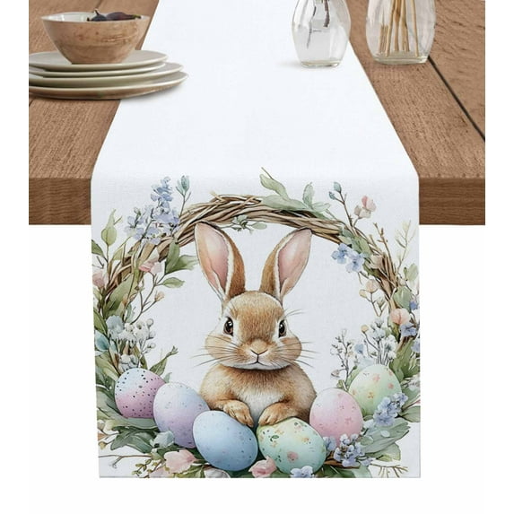 Easter Bunny Burlap Cotton Table Runner 13x60 Inches Long, Colorful Eggs Watercolor Wildflowers Farmhouse Table Runners, Outdoor Dining Tablecloths Decor for Baby Shower/Party/Wedding