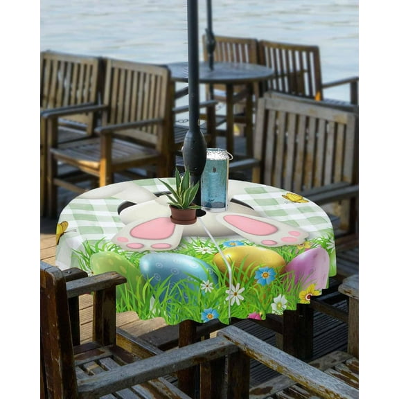Easter Bunny Butt Outdoor Round Tablecloth with Umbrella Hole 60 Inch,Wrinkle Free Wipeable Fabric Table Cloth Waterproof Zippered Cover for Camping Picnic Patio Party,Green Buffalo Plaid Eggs Spring