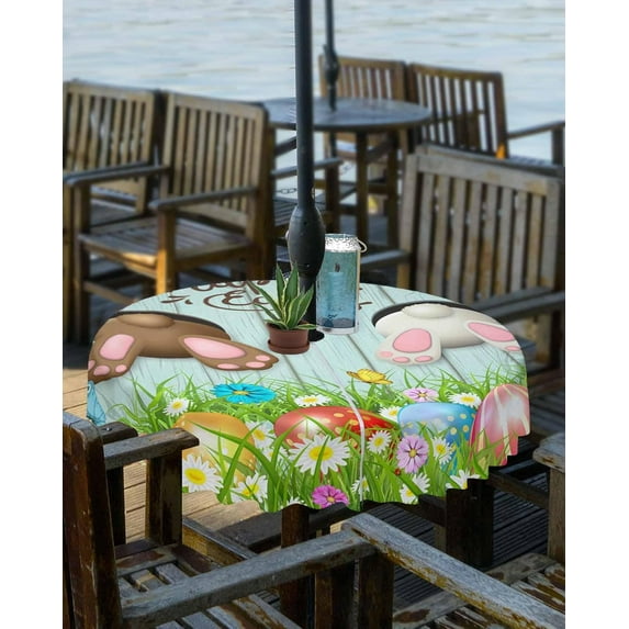 Easter Bunny Butt Outdoor Round Tablecloth with Umbrella Hole 60 Inch,Wrinkle Free Wipeable Fabric Table Cloth Waterproof Zippered Cover for Camping Picnic Patio Party,Easter Egg Daisy Aqua Wood Grain