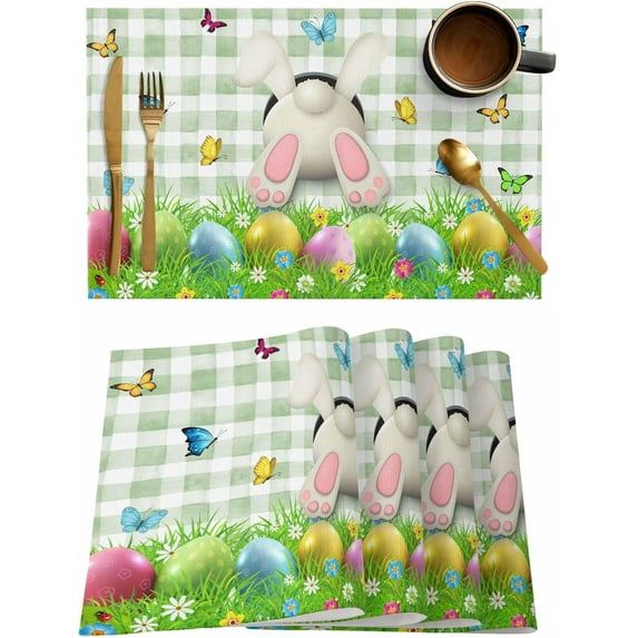Easter Bunny Butt Placemats Set of 6, Washable Woven Burlap Cloth Fabric Placemat for Square/Rectangle/Round/Oval Dining Table, Easy Clean Place Mats for Toddlers, Kids Green Buffalo Plaid Eggs Spring