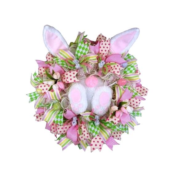Easter Bunny Butt Wreath, Cute Rabbit Door Decor with Pink Green Ribbons & Mesh, Spring Seasonal Home Front Door Wall Hanging Ornaments for Easter Celebrations