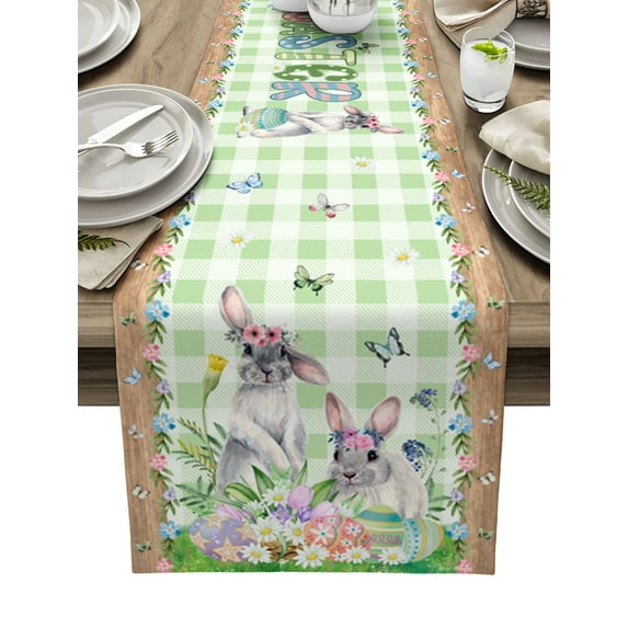 Easter Bunny Butterfly Flower Butterfly Pink Plaid Table Runner Wedding Party rations for Home Gift Placemat Tablecloth