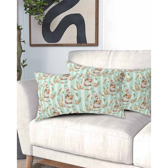 Easter Bunny California King Pillow Case - Microfiber Bed Throw Pillow Covers, Spring Easter Eggs Botanical Green Striped Decorative Lumbar Pillow Cover with Envelope Closure for Sofa/Travel 20"x40"