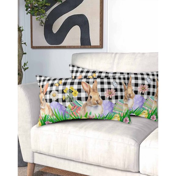 Easter Bunny California King Pillow Case - Microfiber Bed Throw Pillow Covers, Spring Easter Eggs Chicken Black White Plaid Decorative Lumbar Pillow Cover with Envelope Closure for Sofa 20"x40"