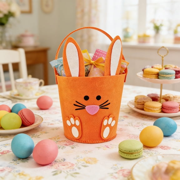 Easter Bunny Candy Bucket - Non Woven Easter Egg Hunt Basket, Lightweight 0.22lb, Tote Bag for Storage & Gifts, Bunny Ears Handle (9.05x5.12x3.94in) Easter Bunny Candy Bucket - Non