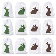 Easter Bunny Canvas Drawstring Goodie Bags, Rabbit Silhouette Design, 4 Assorted Designs, 12 Pack, 5.3 x 7 Inch