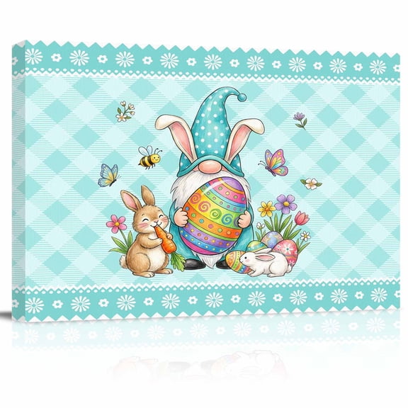 Easter Bunny Canvas Print Wall Art Cartoon Gnome Colored Eggs Spring Flowers Blue Plaid Pictures Painting Morden Artwork for Living Room Bedroom, Ready to Hang - 12"x16"