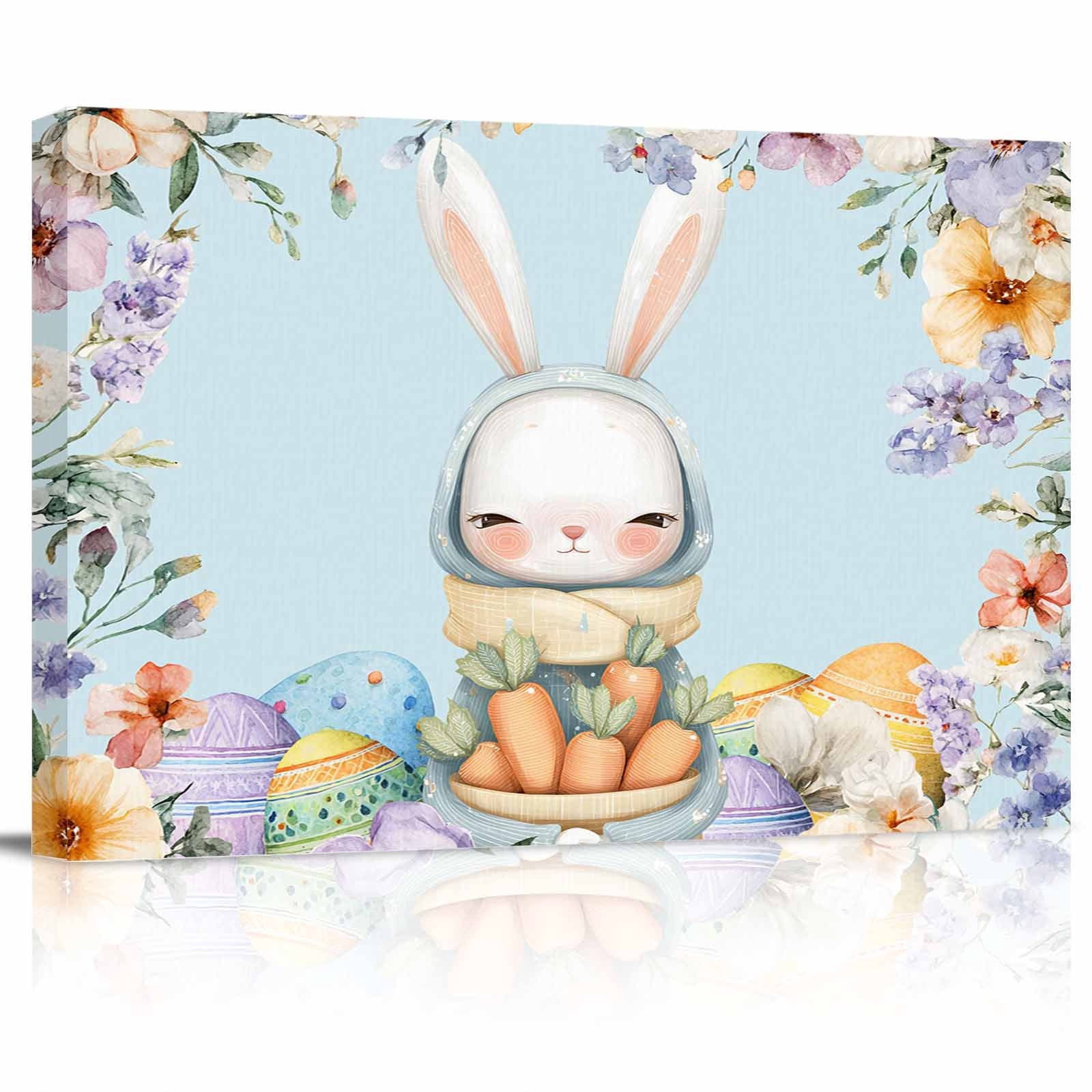 Easter Bunny Canvas Print Wall Art Cute Rabbits Carrot Eggs Watercolor ...