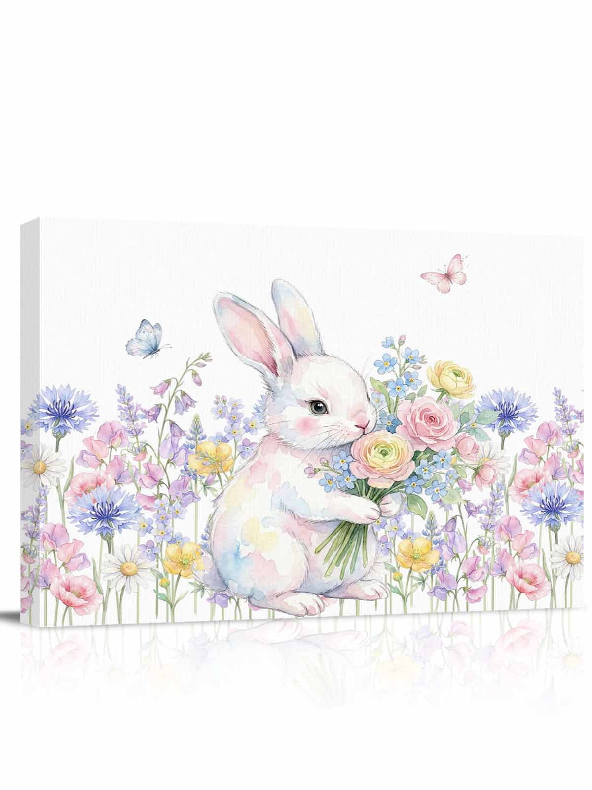 Easter Bunny Canvas Print Wall Art Spring Cute Rabbit with Blue Pink ...