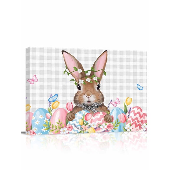 Easter Bunny Canvas Print Wall Art Spring Tulips Flowers Floral Pink Blue Eggs Light Grey Plaid Pictures Painting Morden Artwork for Living Room Bedroom, Ready to Hang - 12"x16"