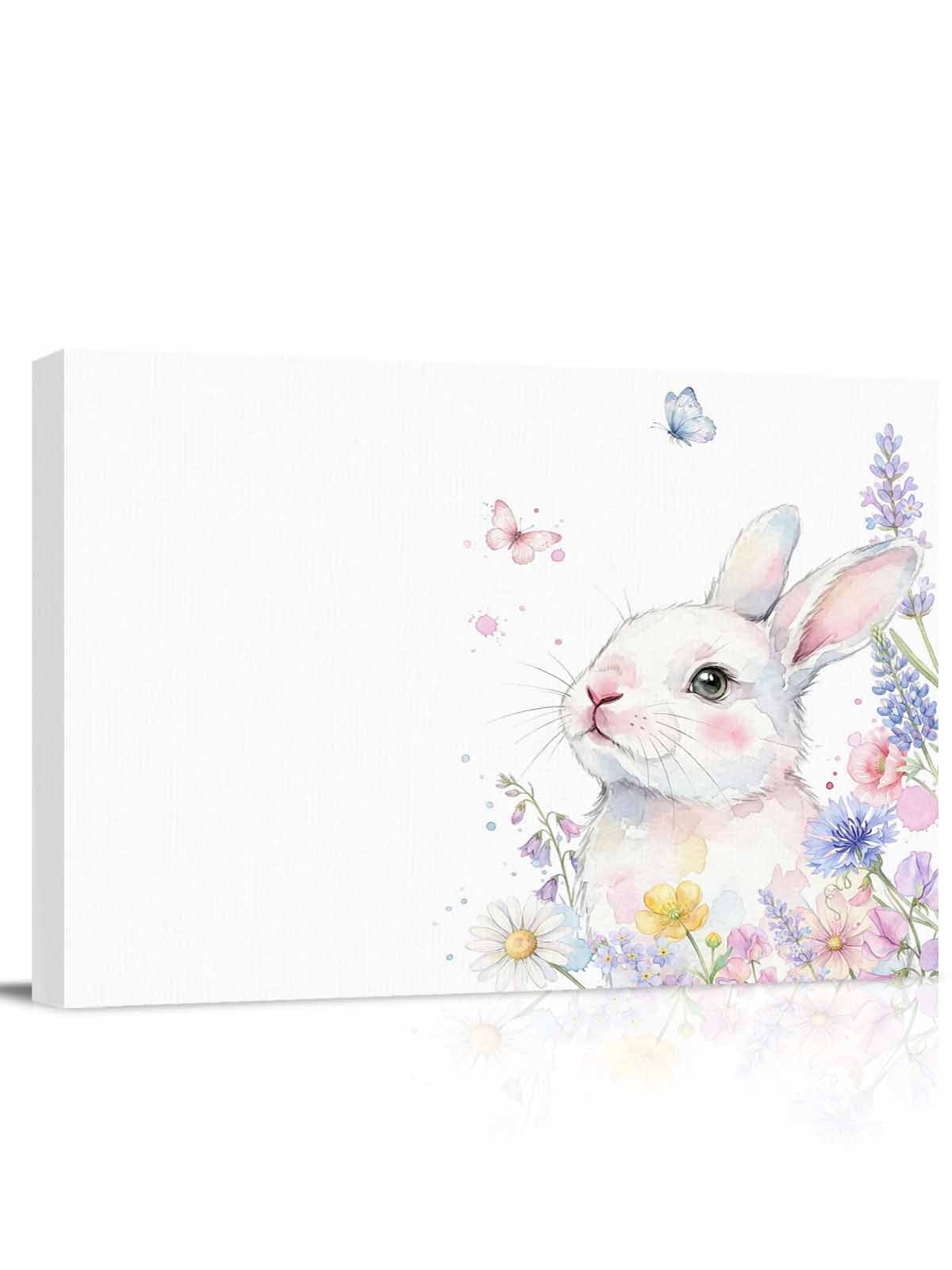 Easter Bunny Canvas Print Wall Art Spring Watercolor Cute Rabbit Flower ...