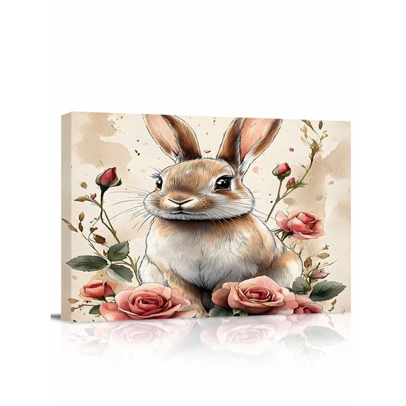 Easter Bunny Canvas Print Wall Art Vintage Watercolor Brown Rabbit Red Roses Blossom Flower Leaf Pictures Painting Morden Artwork for Living Room Bedroom, Ready to Hang - 12"x16"