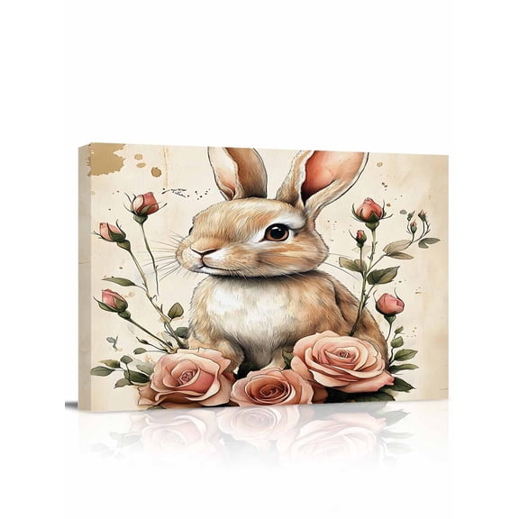 Easter Bunny Canvas Print Wall Art Vintage Watercolor Cartoon Rabbit Pink Roses Floral Leaf Pictures Painting Morden Artwork for Living Room Bedroom, Ready to Hang - 12"x16"