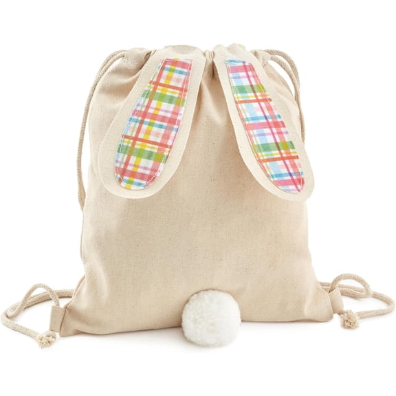 Easter Bunny Canvas Reusable Gift Bag, Drawstring Closure, Large Capacity Treat Sack For Easter Egg Hunt, Party Favors, Candy Storage, Spring Plaid