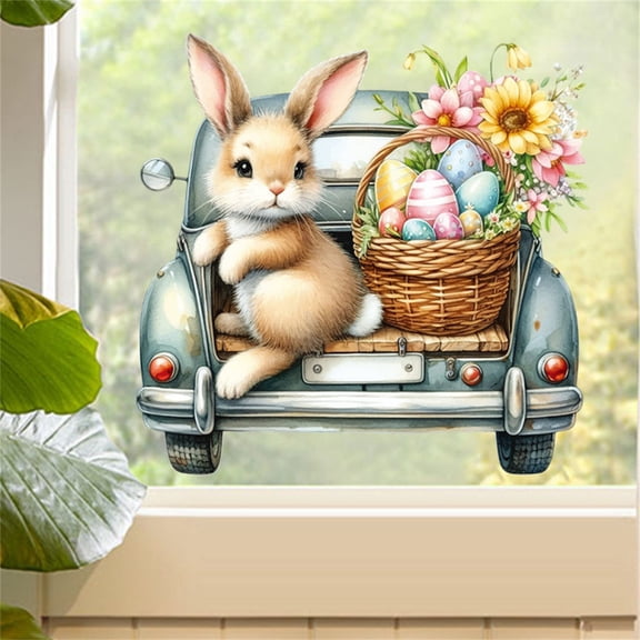 Easter Bunny Car Wall Decal, 11×11.3 Inch Watercolor Egg Basket Sticker for Home Window & Wall Easter Holiday Decor