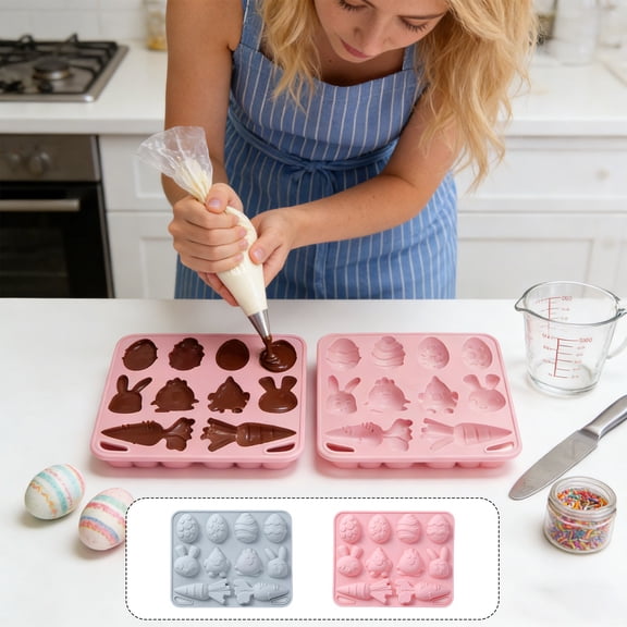 Easter Bunny Carrot Egg Chick Silicone Chocolate Mould, Non Stick Flexible Cake Candy Jelly Baking Mold, Food Grade for Desserts, Pinky/Gray, 15.7x12.5cm