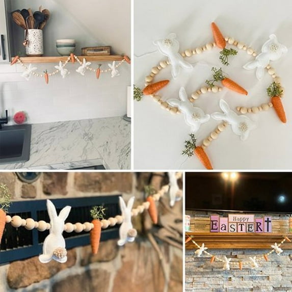 Easter Bunny Carrot Garland - Bunny Carrot Wooden Bead Cloth Twine for Indoor Outdoor Farmhouse Home Decor