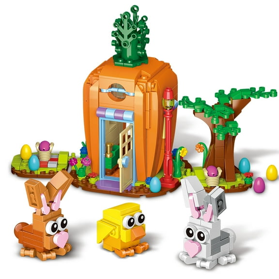 Easter Bunny Carrot House Building Set, 2 Rabbits, Chick, Colorful Easter Egg and Basket Toy, Brickheadz Pets Building Blocks Kit Gift for Boys Girls Toddlers