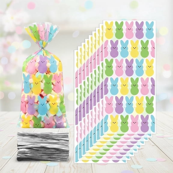 Easter Bunny Cellophane Treat Bags Clear Candy Bag Colorful Rabbit Plastic Goodie Bags with Twist Ties for Spring Holiday Gift Party Favors