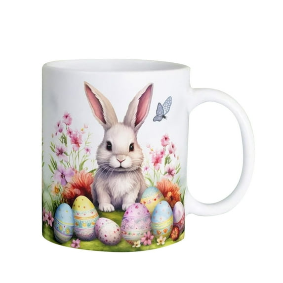 Easter Bunny Ceramic Coffee Mug 12oz - 350ml Spring Rabbit Design Tea Cup with Handle, Microwave & Dishwasher Safe Holiday Gift (Pastel Colors) H