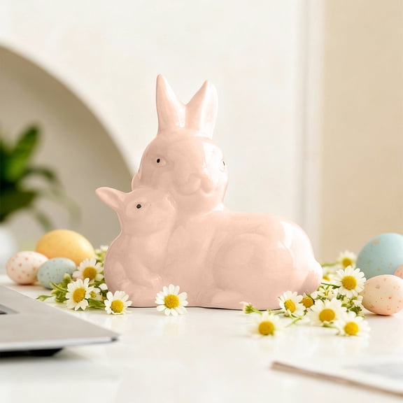 Easter Bunny Ceramic Figurine Embraces Belly Rabbit Statue Cute Desktop Home Decor Spring Velvet Texture Tabletop Ornament Shelf Living Room Accent(Pink)
