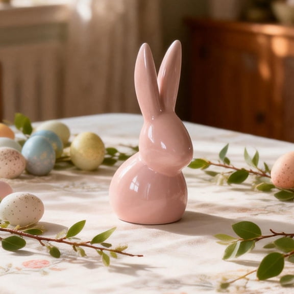 Easter Bunny Ceramic Ornament Q Version Cute Rabbit Figurine Spring Home Desktop Decoration Holiday Tabletop Decor Pink White Long Ear Bunny Statue for Window Shelf Fireplace Gift