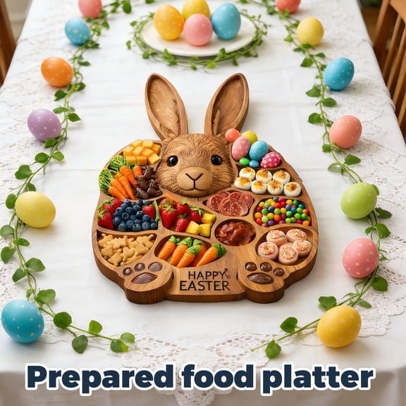 Easter Bunny Charcuterie Board, 3D Rabbit Shaped Wooden Serving Platter with Compartments, "Happy Easter" Engraved Snack Tray for Appetizers, Fruits, Desserts, Ideal for Holiday Parties