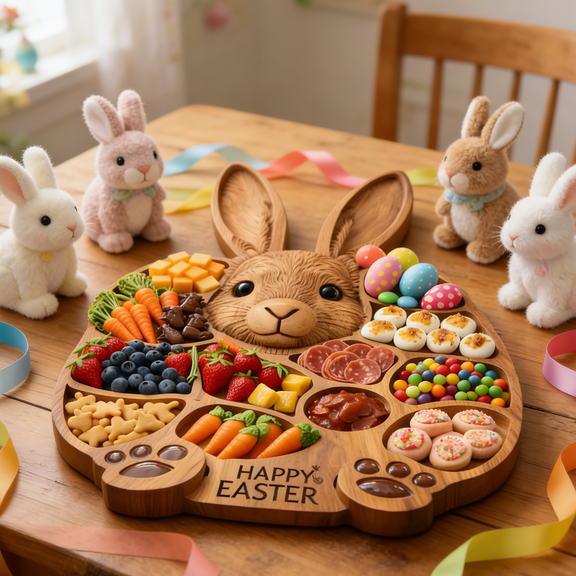 Easter Bunny Charcuterie Board – Decorative Wooden Serving Platter for Easter Brunch, Spring Parties, and Easter Decor Centerpieces (11 Inch)