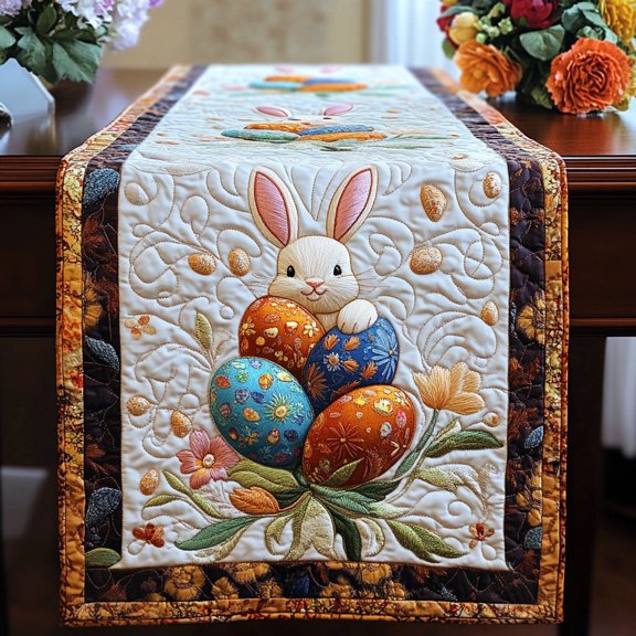 Easter Bunny Charm Quilted Dining Runner for Table, Cozy Farmhouse Kitchen Home Decor