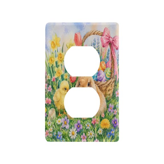 Easter Bunny Chick Basket Decorative Wall Plate, Flame Retardant PC Plastic Light Switch & Outlet Cover with Mounting Screws Fits Duplex Outlets