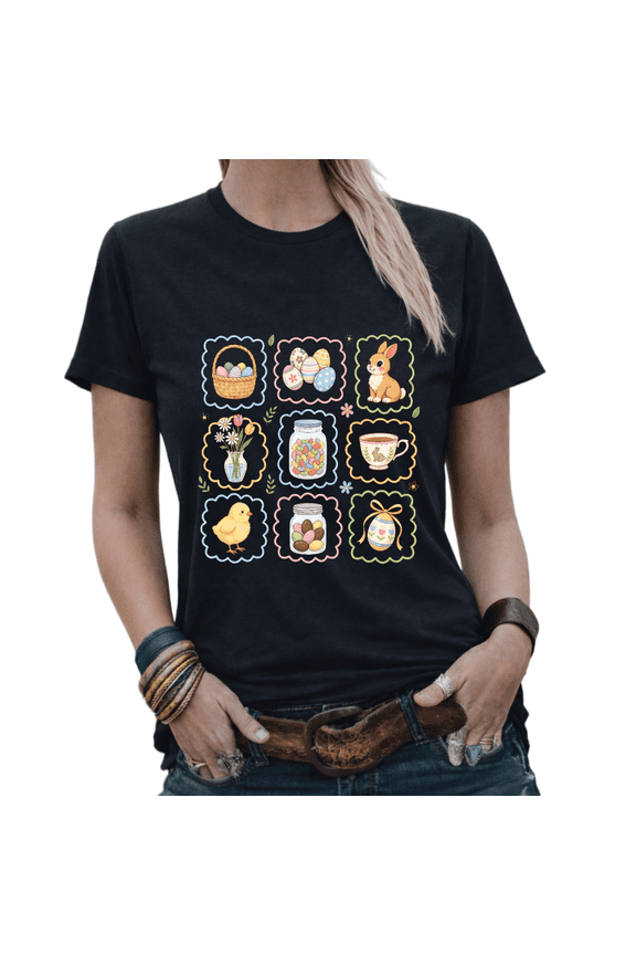 Easter Bunny Chick Egg Basket Vintage Graphic Tees Womans Tshirt Shirts White/Black S-5XL Tops